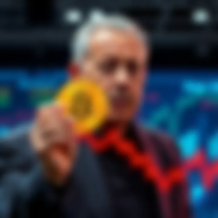 Peter Schiff predicting Bitcoin will fall below $20,000, showing a downward trend graph