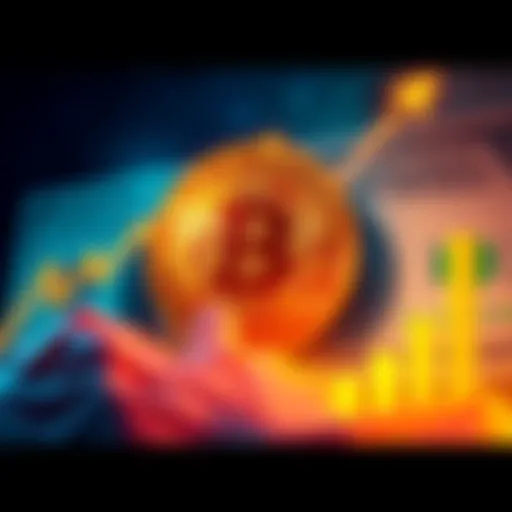 Illustration of Bitcoin logo with a rising graph and a million-dollar bill in the background, symbolizing a surge in value by 2030.
