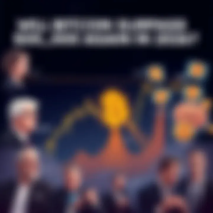 A graphic showing Bitcoin's price fluctuating, with a line chart indicating potential movements toward $100,000. Various opinions from people in the crypto community illustrated around the chart.