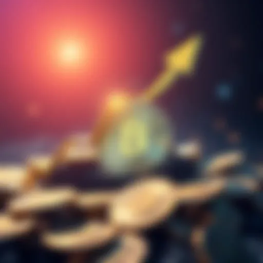 A graphic showing Bitcoin coins with an upward arrow symbolizing growth and investment potential