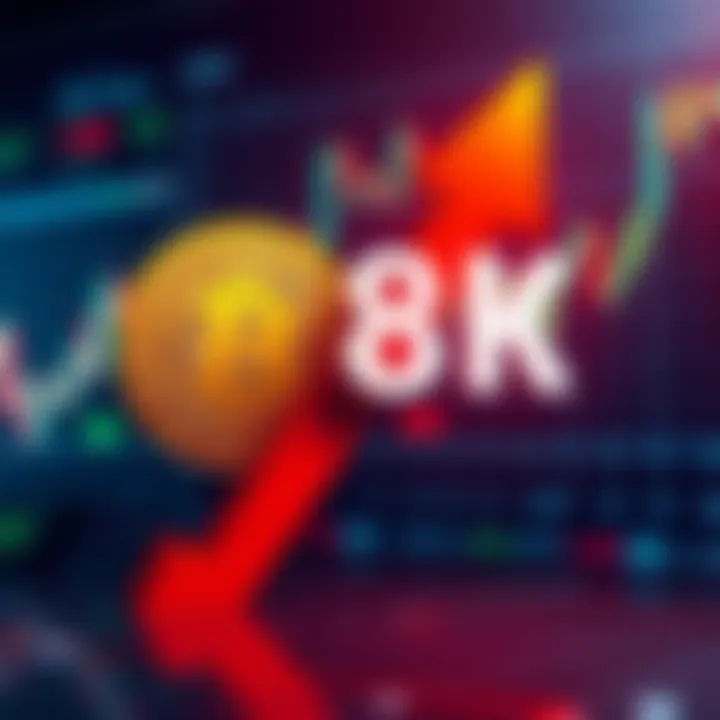 A graphic showing the Bitcoin symbol with an upward arrow, representing potential price increase, alongside a backdrop of financial data charts.