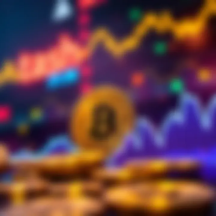 A graphic showing the rising value of Bitcoin with an upward trend line