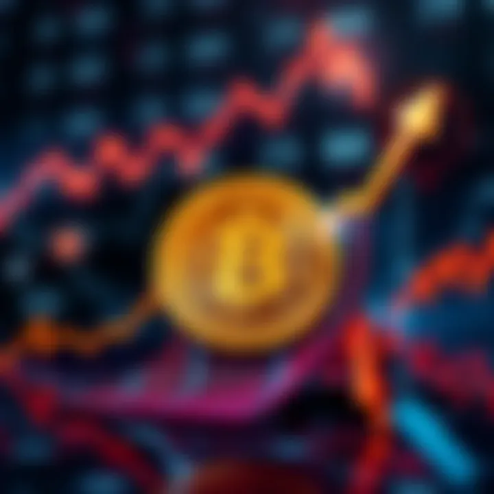 A graphic showing Bitcoin's rising price with a digital currency symbol and upward arrows