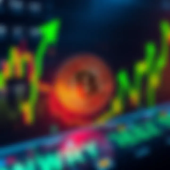 Bitcoin value rising sharply on a digital graph with green arrows