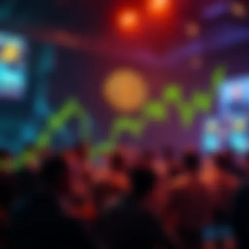 Graph showing rising Bitcoin prices with a background of people discussing cryptocurrency