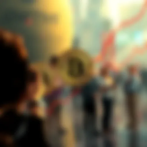 A graphical representation of Bitcoin's rising price, showing people discussing and reacting to the changes in value