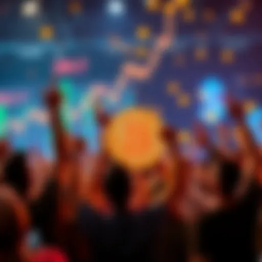 Investors celebrating as Bitcoin price hits a record high, with digital currency symbols in the background