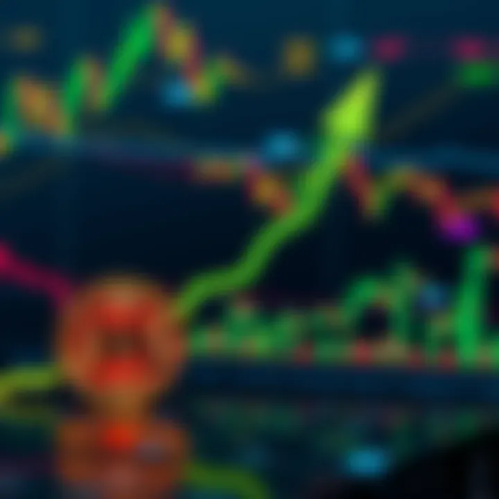 A digital representation of Bitcoin with an upward arrow indicating price growth, set against a backdrop of fluctuating stock market charts.