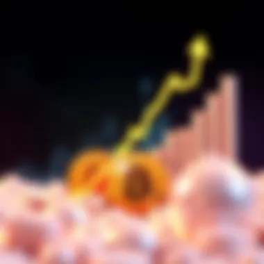 Graph showing Bitcoin price skyrocketing to a new high, with upward arrows indicating growth.