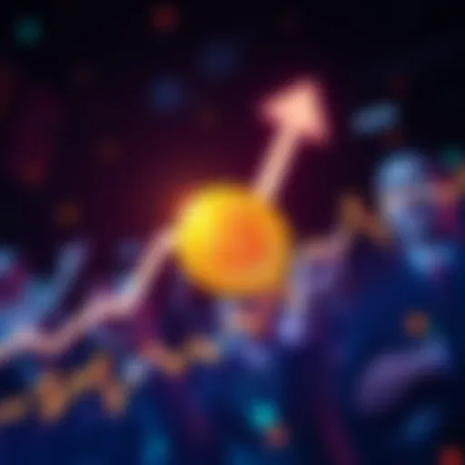 A graph showing Bitcoin's price surge with a rising arrow and a background of excited traders.