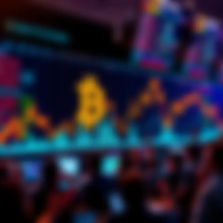 A chart showing the spike in Bitcoin's price with a background of excited traders analyzing market trends.
