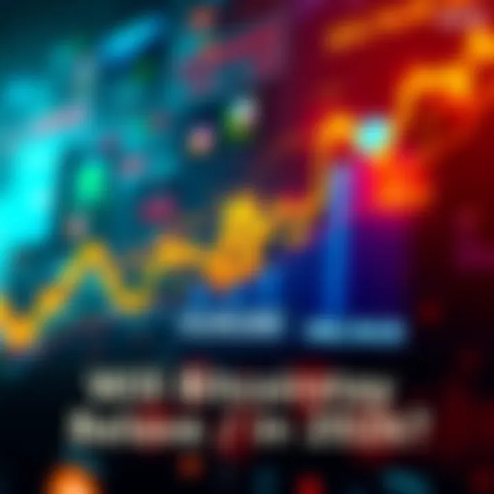 A digital representation of Bitcoin's price trend with a chart showing movement below $50,000 and market analysis icons around it.