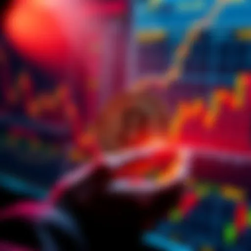 Person holding a Bitcoin symbol while looking at price charts, contemplating selling or holding investments.