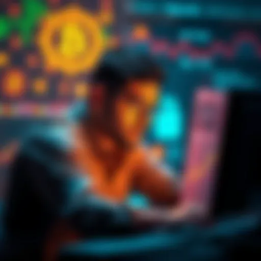 Bitcoin privacy options A person analyzing Bitcoin transactions on a computer, looking concerned about financial privacy, with digital graphics representing security and confidentiality in the background.