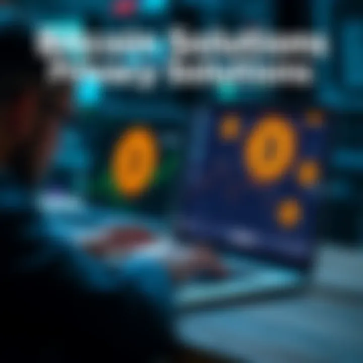 A person using a laptop with Bitcoin symbols and privacy icons on the screen, highlighting privacy strategies for cryptocurrency handling