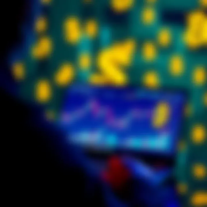 A person analyzing Bitcoin charts on a laptop with dollar signs in the background.