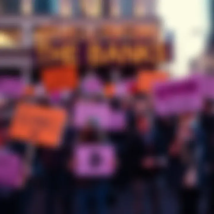 People Protesting Against Banks Group of Bitcoin supporters holding signs expressing frustration with traditional banks and promoting cryptocurrency