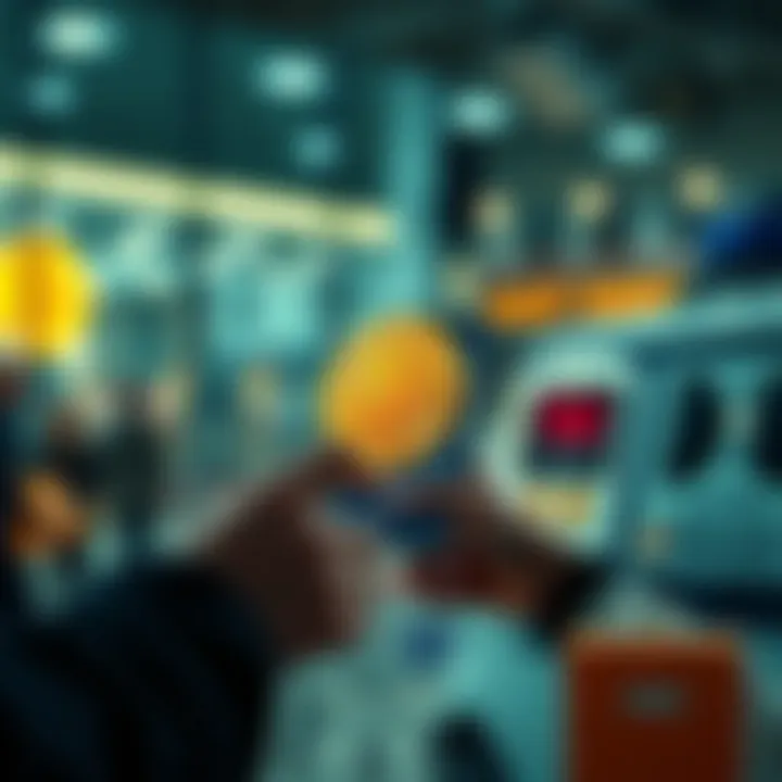 Bitcoin Purchase A person using a smartphone to make a purchase with Bitcoin, with a shopping cart and Bitcoin symbol in the background.