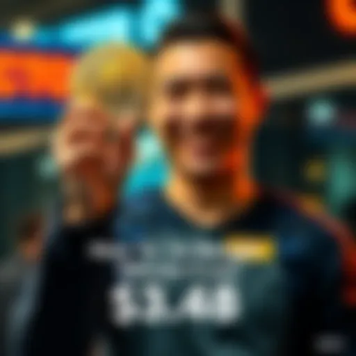 A person happily holding a Bitcoin symbol with a low price tag of $3.48, representing a significant investment from 2010.