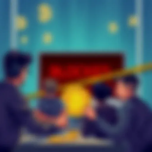 Illustration showing frustrated people in front of a computer with a blocked message while trying to make Bitcoin transactions.