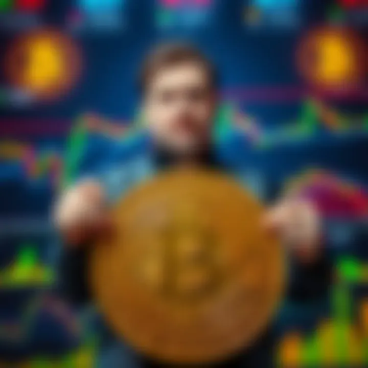 Michael Saylor holding a Bitcoin sign with charts and graphs in the background showing market trends