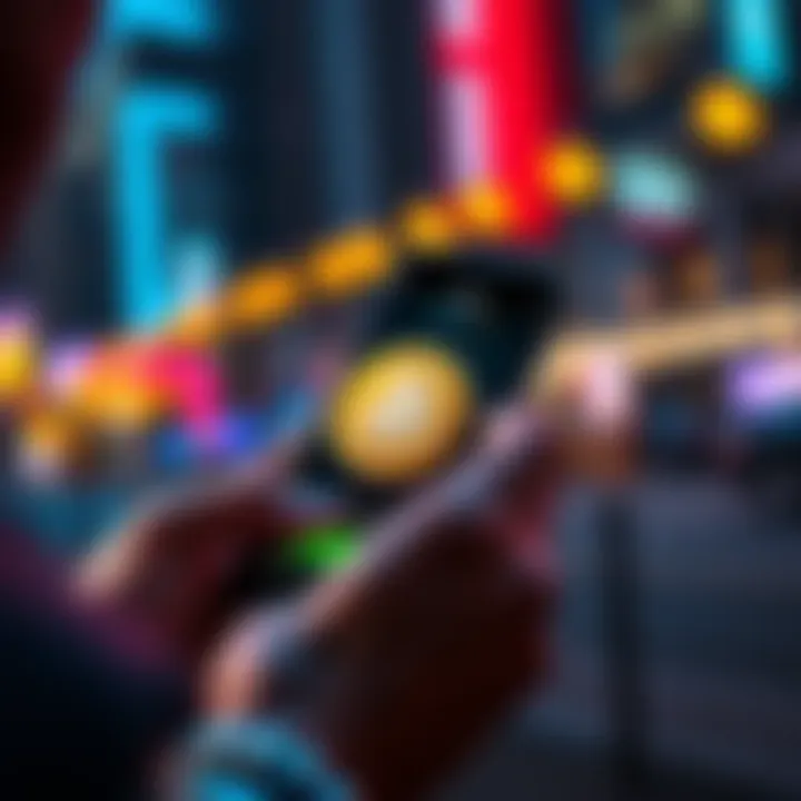 A person using a smartphone to buy Bitcoin through an app with a Bitcoin logo