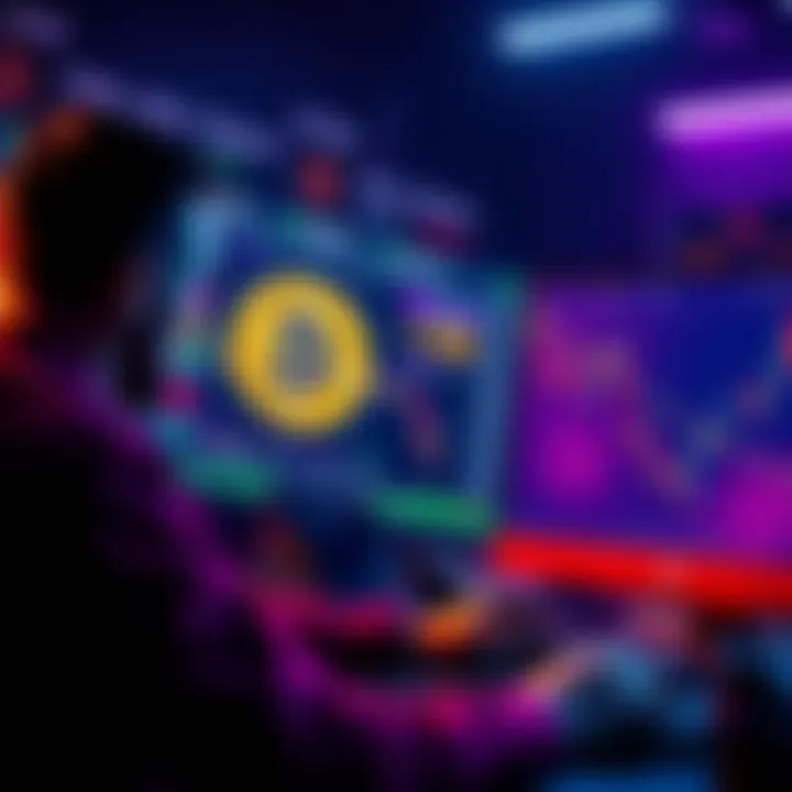 A trader looking at Bitcoin prices on a computer screen while considering buying more, with graphs showing a downward trend.