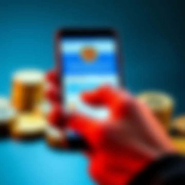 A person using a smartphone to buy Bitcoin through the Venmo app, showing the app interface with Bitcoin options, and coins in the background