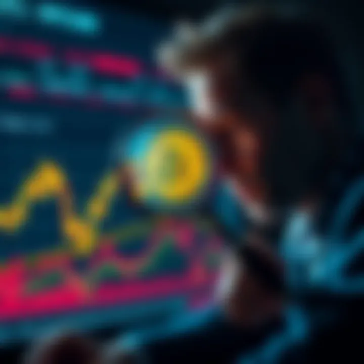Person analyzing Bitcoin graphs with a magnifying glass, highlighting increased buying activity and concerns over funding sources.