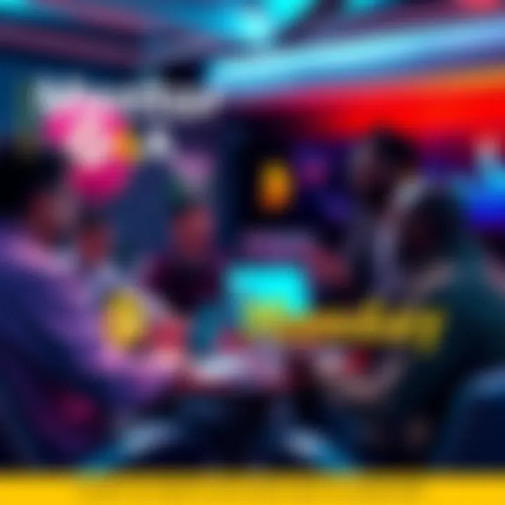 A group of people discussing Bitcoin in a casual setting, with laptops and notes around them.