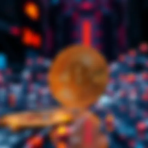 A representation of Bitcoin symbols and a quantum computer, illustrating the relationship between cryptocurrency and quantum risks.