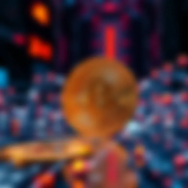 A representation of Bitcoin symbols and a quantum computer, illustrating the relationship between cryptocurrency and quantum risks.
