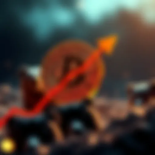 Bitcoin symbol with upward arrow representing potential price increase, bears in the background symbolizing liquidation risk