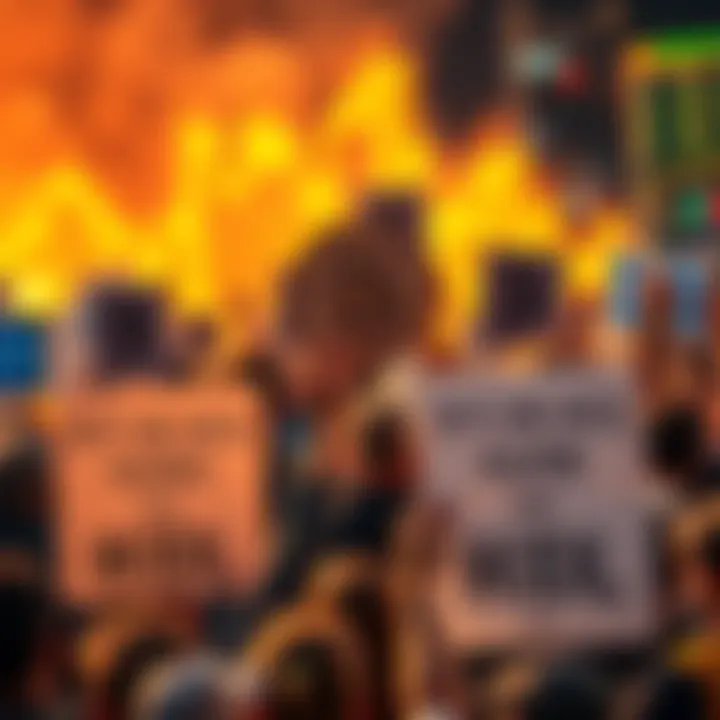 A group of Bitcoin supporters holding signs encouraging others to hold their investments with a backdrop of rising cryptocurrency prices.