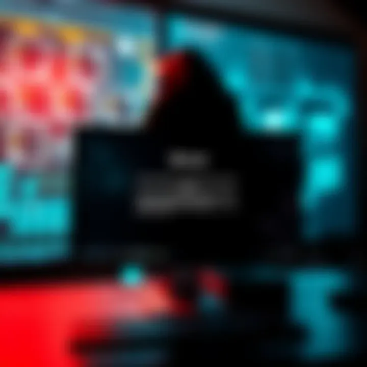 A computer screen displaying a ransom note requesting Bitcoin payment, with a shadowy figure in the background.