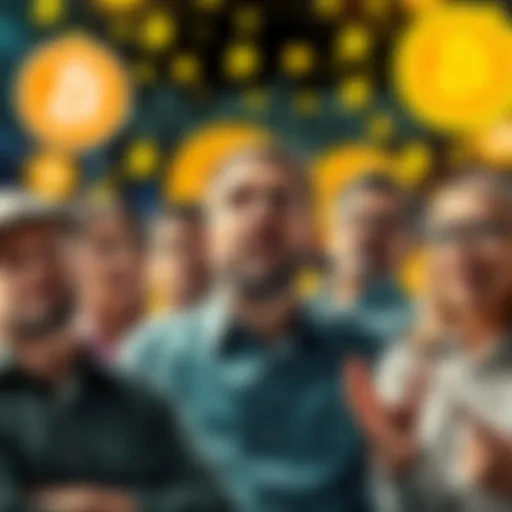 A group of people discussing Bitcoin, expressing various emotions like excitement and frustration, with Bitcoin graphics in the background.