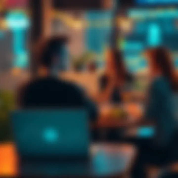 A person sitting alone at a table with a laptop showing bitcoin prices, looking thoughtful while a couple enjoys a meal nearby, illustrating the contrast between financial focus and personal connections.