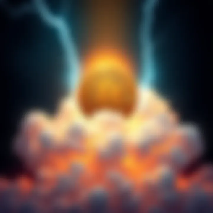 A digital illustration showing the Bitcoin logo standing strong against a backdrop of a cloud with lightning, symbolizing the AWS outage.