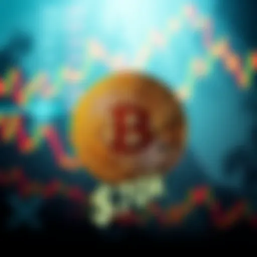 Bitcoin symbol with a $70k price tag, set against a backdrop of fluctuating market graphs and signs of market turmoil.