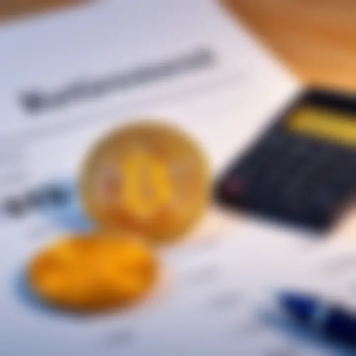 A Bitcoin coin next to a retirement plan document and calculator, symbolizing financial planning for retirement.