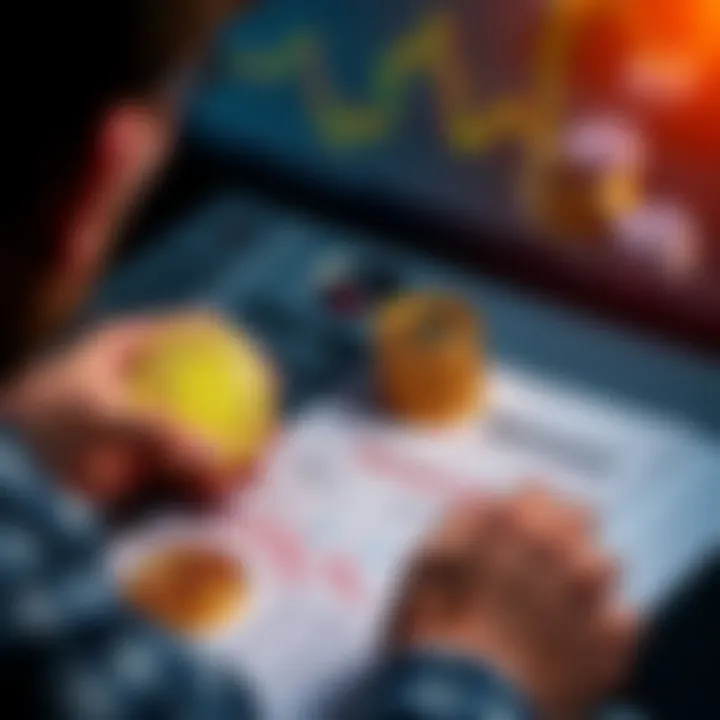 A person analyzing Bitcoin trends with a retirement plan document beside them, showing graphs and charts, symbolizing investment strategies.