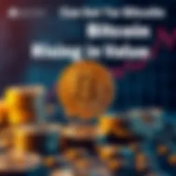 A visual representation of Bitcoin's price increasing with a graph and coins in the background