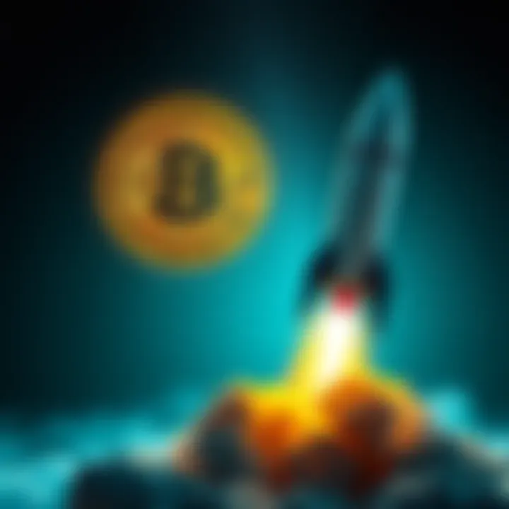 A rocket symbolizing Bitcoin's rise, soaring towards the stars with a digital currency logo in the background, representing the cryptocurrency's future potential.