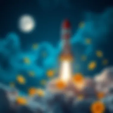 Bitcoin Rocket Launch A rocket launching towards the moon with Bitcoin symbols around it, representing Bitcoin's rise in price and popularity.