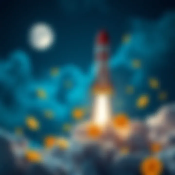 Bitcoin Rocket Launch A rocket launching towards the moon with Bitcoin symbols around it, representing Bitcoin's rise in price and popularity.