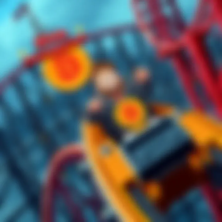 A cartoon character riding a roller coaster with Bitcoin logos, symbolizing the ups and downs of cryptocurrency prices