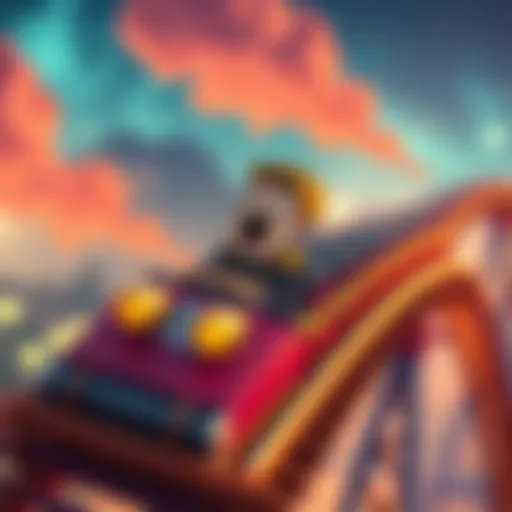 A cartoon character enjoying a roller coaster ride symbolizing Bitcoin's price movements, with a vibrant background reflecting excitement and volatility in cryptocurrency markets.