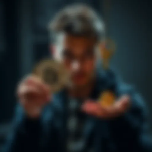 A person looking somber while holding a Bitcoin symbol in one hand and a house key in the other, symbolizing the emotional sale of Bitcoin for a home.