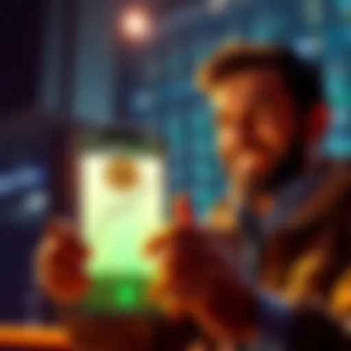 A Bitcoin investor smiling while holding a smartphone displaying a rising Bitcoin chart, symbolizing successful profit-taking at a high price