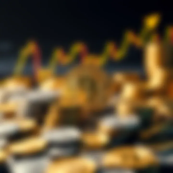 A graphic representing a Bitcoin sale transaction with a rising financial chart and piles of coins in the background.